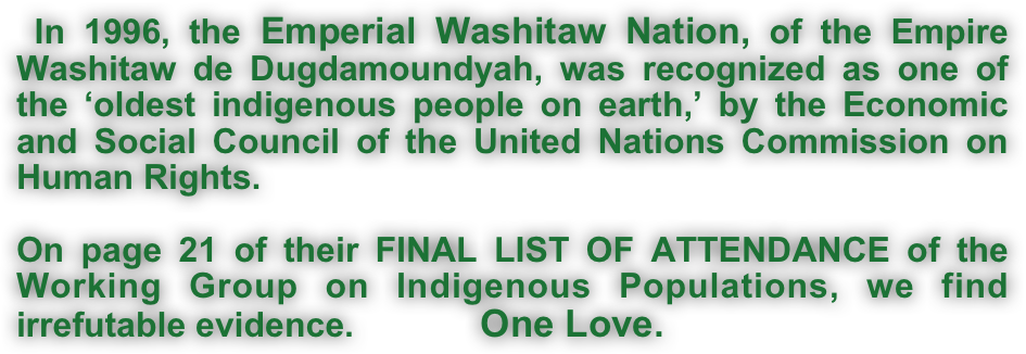 
 In 1996, the Emperial Washitaw Nation, of the Empire Washitaw de Dugdamoundyah, was recognized as one of the ‘oldest indigenous people on earth,’ by the Economic and Social Council of the United Nations Commission on Human Rights.

On page 21 of their FINAL LIST OF ATTENDANCE of the Working Group on Indigenous Populations, we find irrefutable evidence.            One Love.